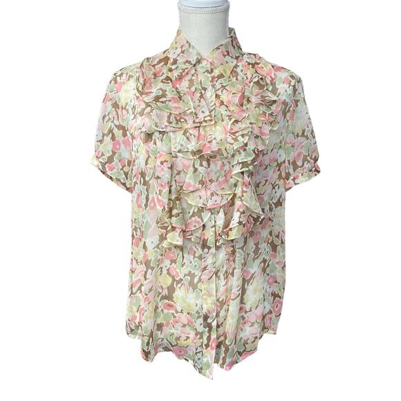 Lauren Ralph Lauren Brown & Pink Floral Blouse with Front Ruffles Large - Picture 1 of 8